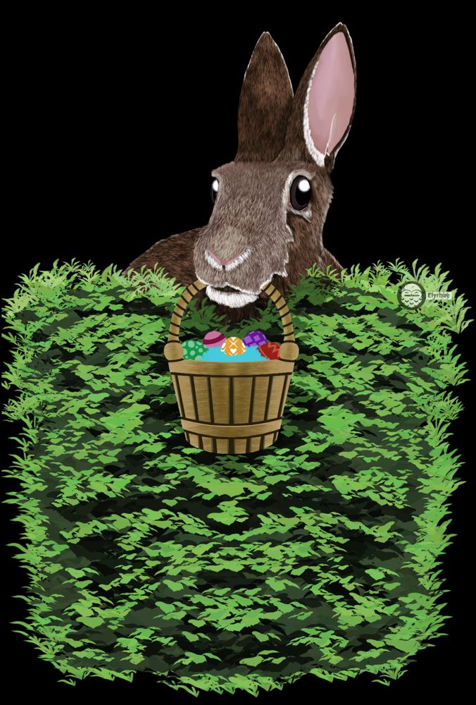 A drawing of Cottontail rabbit carrying a basket of Easter eggs.
