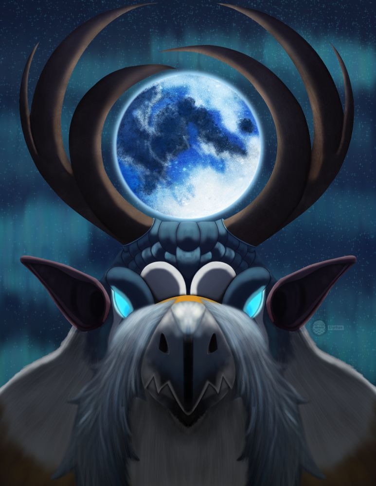 A belated birthday present for a guildie of mine in World of Warcraft! This Moonkin is fitted with the colors of a Male Kestrel. Beyond his antlers rests the Blue Moon amongst a starry sky.