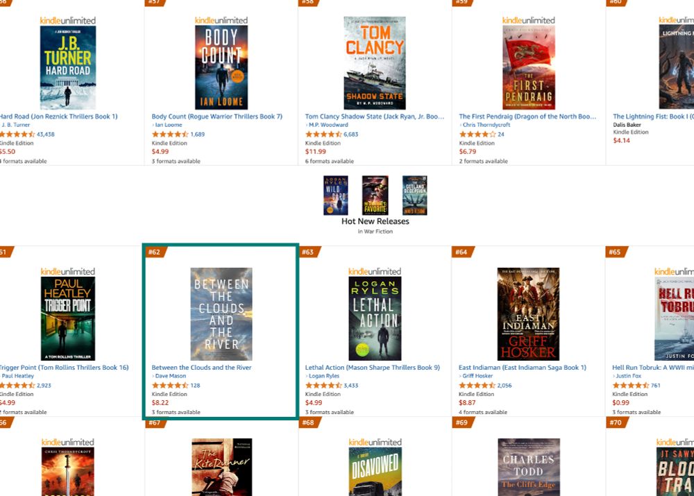 Screen grab of Amazon's Best Sellers in War Fiction list showing Dave Mason's Between the Clouds and the River at #62