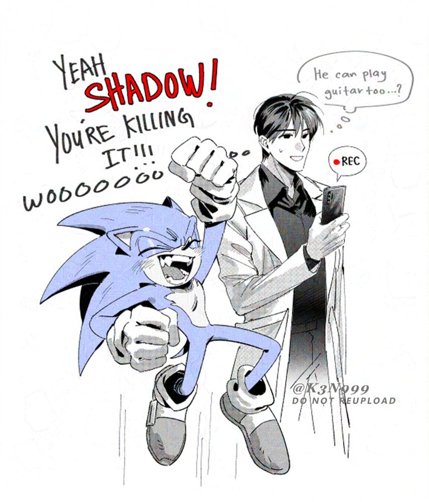 Illustration of Sonic the Hedgehog and Kim Dokja (Omniscient Reader's Viewpoint). Sonic is mid-jump, shouting, 'Yeah, SHADOW! You're killing it!!!' Meanwhile, Kim Dokja is recording the scene with his phone, thinking, 'He can play guitar too...?'.