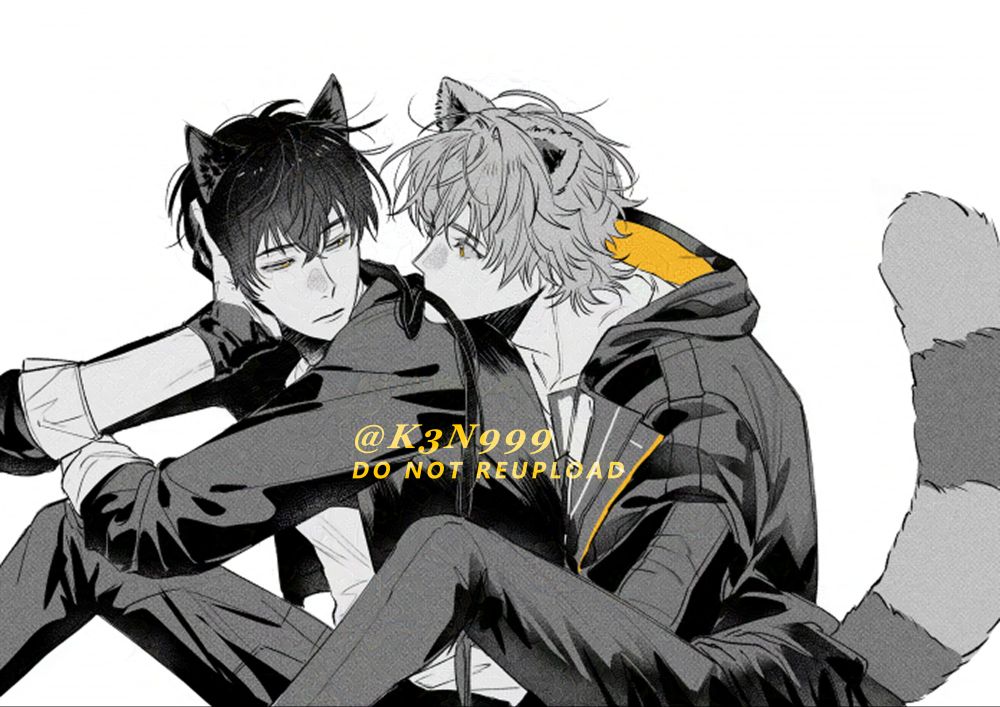 Black and white illustration of two male characters. One, with black hair, cat ears, and a tail, is Rover from a game called Wuthering Waves. The other, with grey hair, raccoon ears, and a tail, is Caelus from Honkai: Star Rail. Both are sitting on the ground with their knees up. Caelus sits behind Rover, biting Rover's tail, while Rover looks back at Caelus with a confused expression.