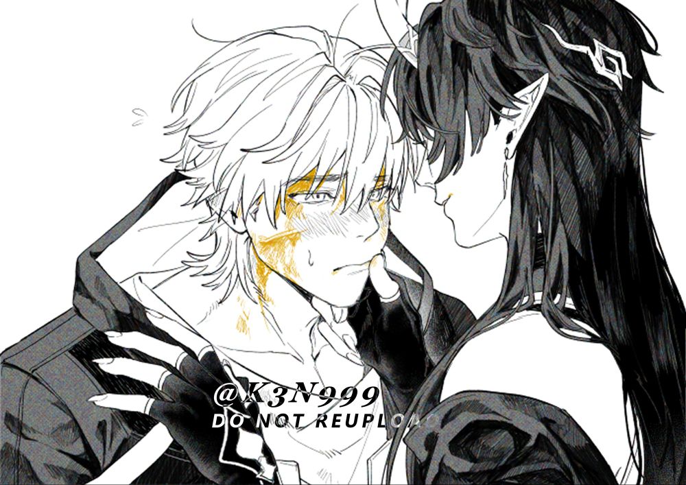 Black and white fanart of Honkai Star Rail: Dan Heng wipes off the golden blood from the corner of Caelus' mouth with his thumb, smiles forms on his face. Caelus' looks embarrassed, blush appeared in on his face, looking at Dan Heng.