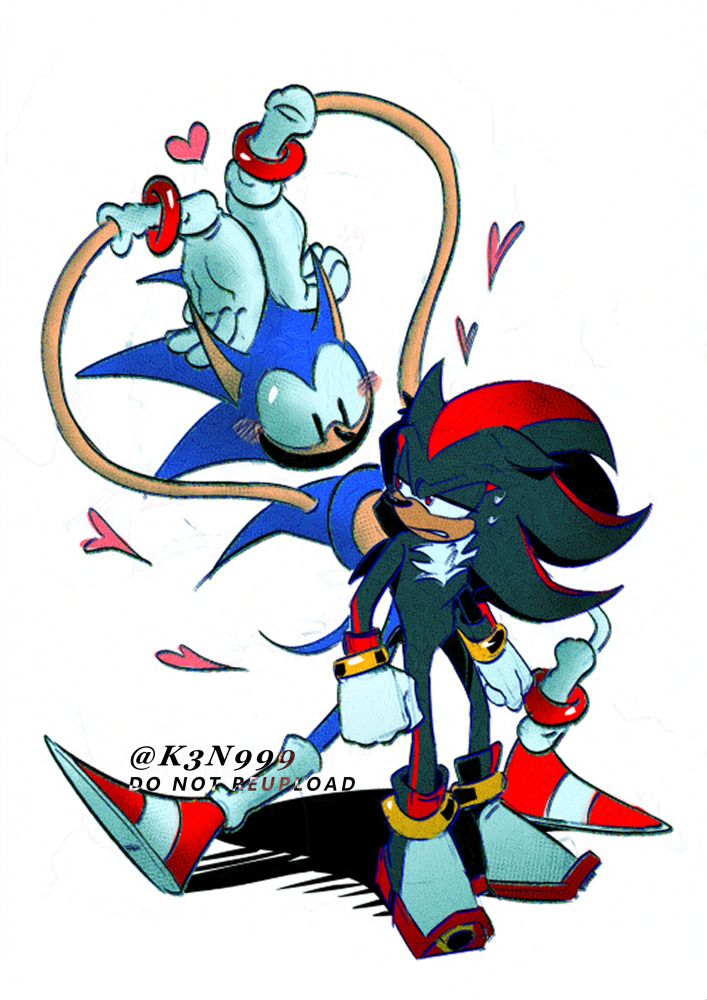 A colored illustration of Rewrite Sonic making a heart sign with his arms toward Shadow, while Shadow looks back at Rewrite with a bothered expression.