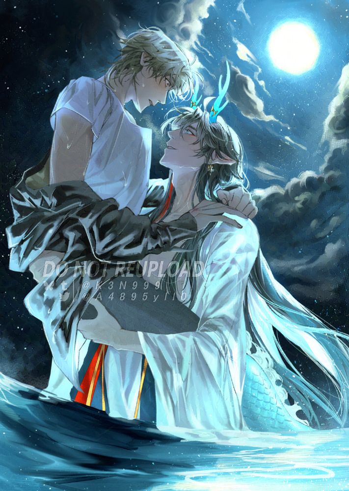 Two males characters from Honkai Star Rail, Caelus and Dan Heng. Dan Heng carries Caelus in his Imbibitor Lunae form. They're both looking at each other. Dan Heng is smiling while Caelus is blushing from Dan Heng's action. They drenched in water under the night sky.