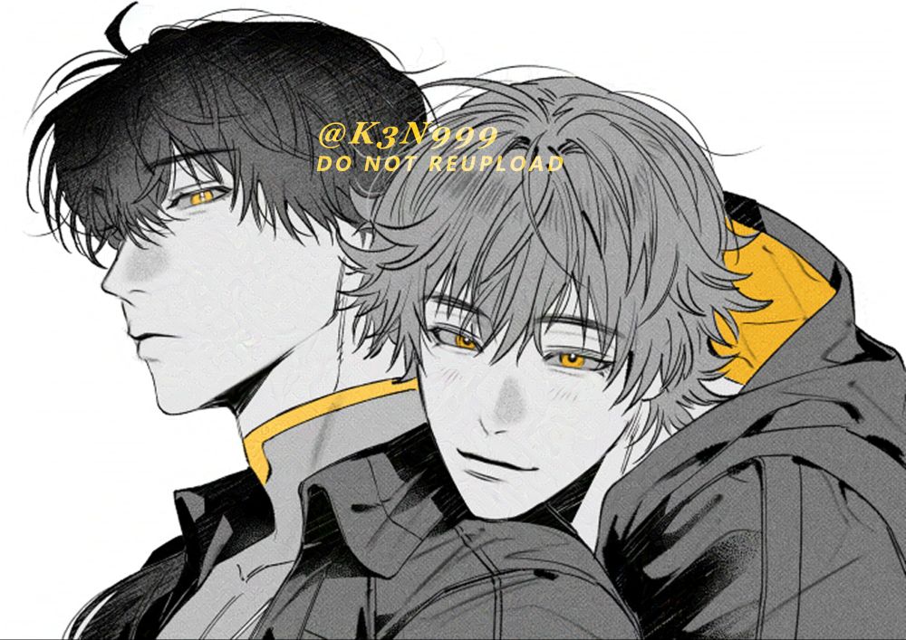 Black-and-white illustration of two male characters: one with black hair, named Rover, from the game 'Wuthering Waves,' and the other with gray hair, named Caelus, from 'Honkai: Star Rail.' Caelus is leaning toward Rover, resting his chin on Rover's shoulder and smiling. Both are looking toward the viewer with their eyes highlighted in yellow.