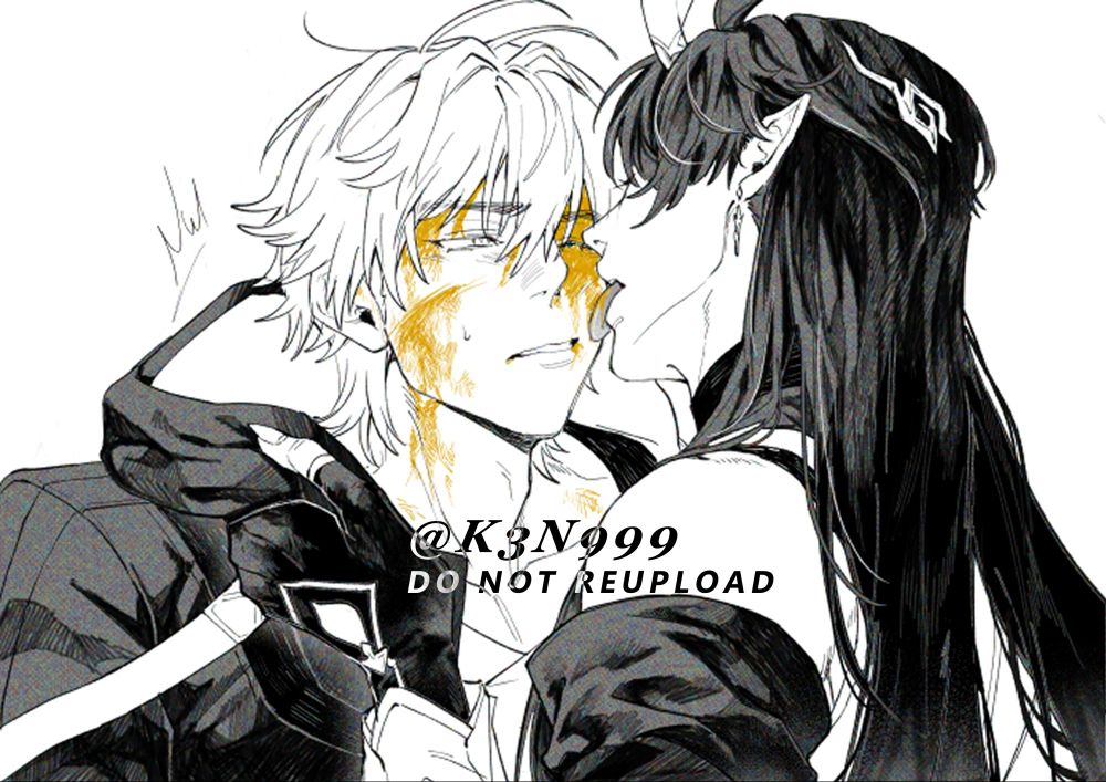 Black and white fanart of Honkai Star Rail: Dan Heng licks the golden blood off Caelus' face. Caelus, startled by the action, squints his eyes in surprise.