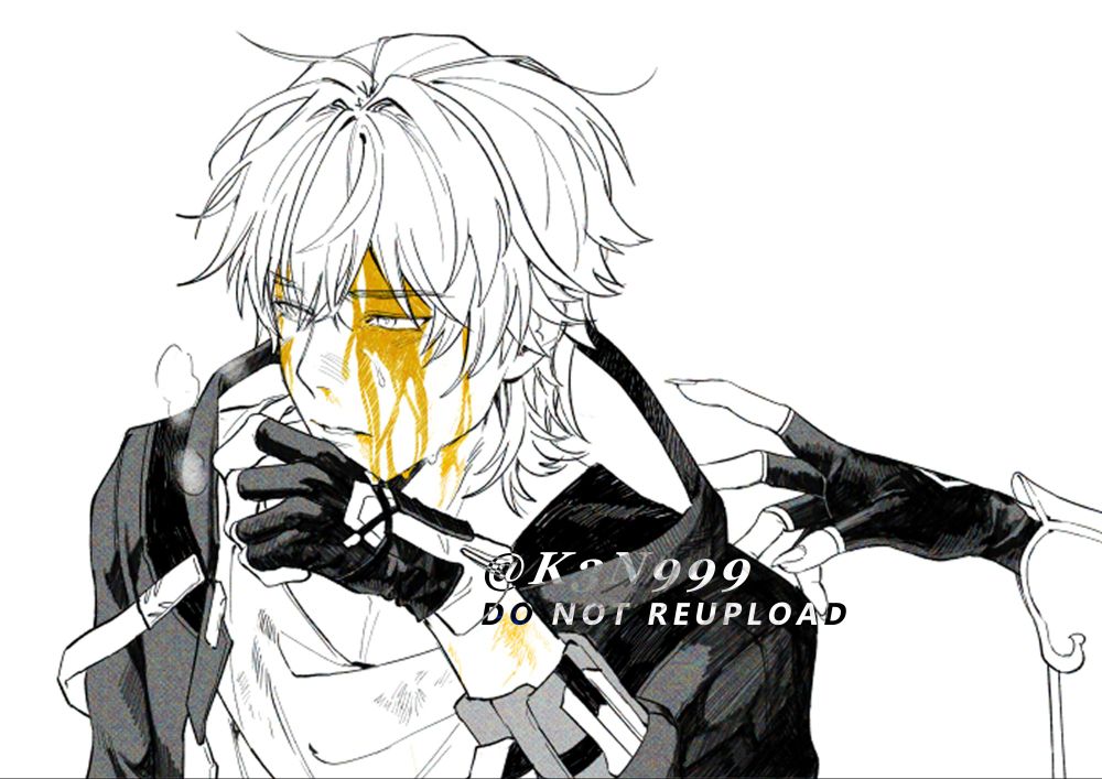 Black and white fanart of Honkai Star Rail: Caelus, looking away while panting, his appearance messy and slightly injured from a fight. Gold blood drips from his head, and he attempts to wipe it off with his hand. A single hand with sharp nails reaches out from behind him.