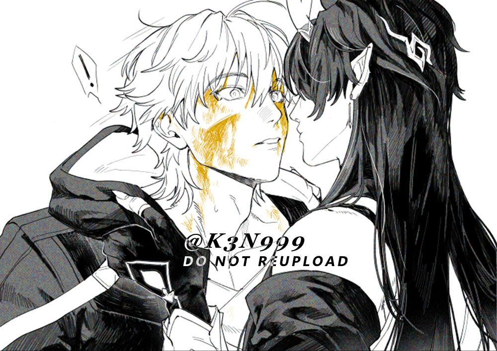Black and white fanart of Honkai Star Rail: Caelus, with a shocked expression, stands face-to-face with Dan Heng in his Imbibitor Lunae form. Dan Heng tightly grips the hood of Caelus' coat, his face obscured from view.