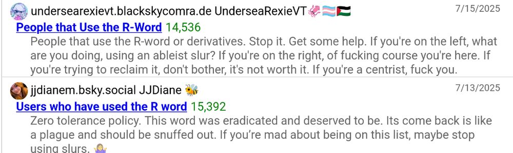 2 blocklists that include people who use the r-word