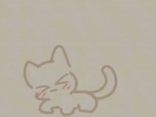 a drawing of a cat with big eyes and a long tail on a beige background .