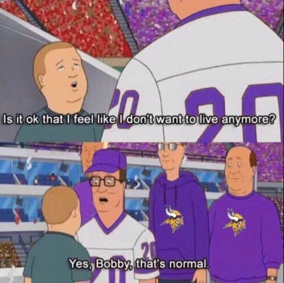edited king of the hill meme where all characters are wearing Minnesota Vikings gear. Bobby asks, is it okay that I feel like I don't want to live anymore? Hank answers, yes, Bobby, that's normal