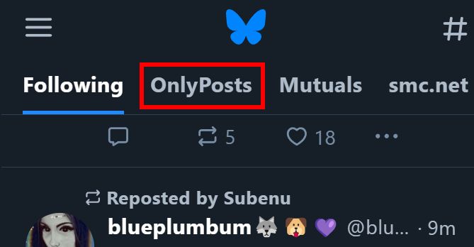 Screenshot von bsky-Navi-Leiste: Following, OnlyPosts, Mutuals, smc.net - "OnlyPosts" habe ich rot umrandet
