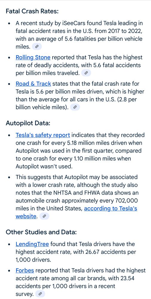 A screenshot of data from different sources about Tesla crash statistics.