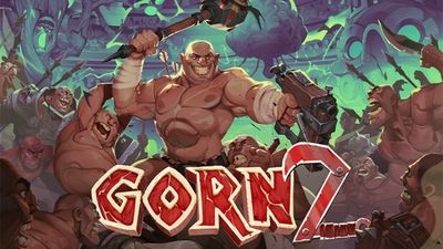 Key art for the VR action game Gorn 2. It features a beefy topless gladiator surrounded by equally beefy contenders all trying to beat each other's meat into pulp.