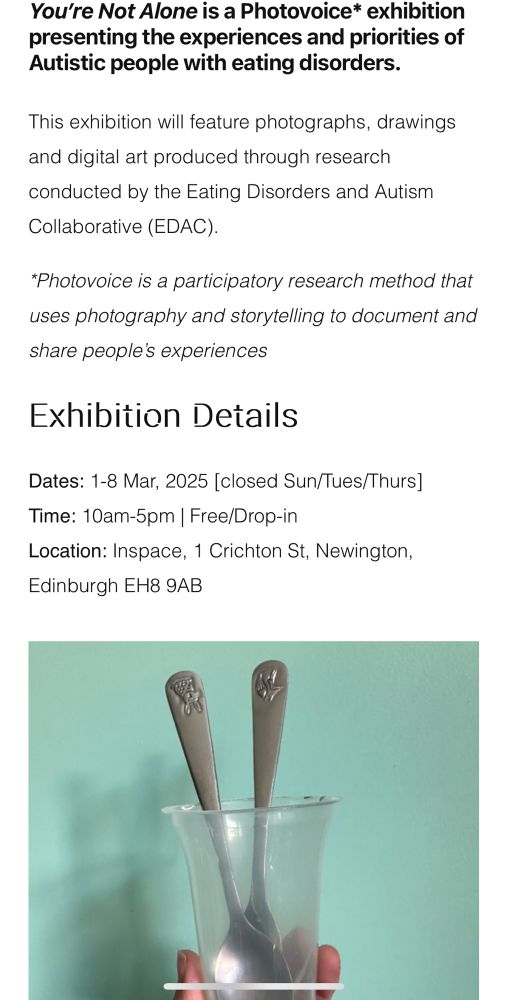 Image of hand holding up plastic cup with two silver metal spoons in it against a turquoise background. Written text above this stating exhibition details 1st to 8th march (closed Sunday, Tuesday and Thursday) time 10am to 5pm, free/drop in, location at inspace, 1 Crichton street, Newington, Edinburgh, EH 8 9AB