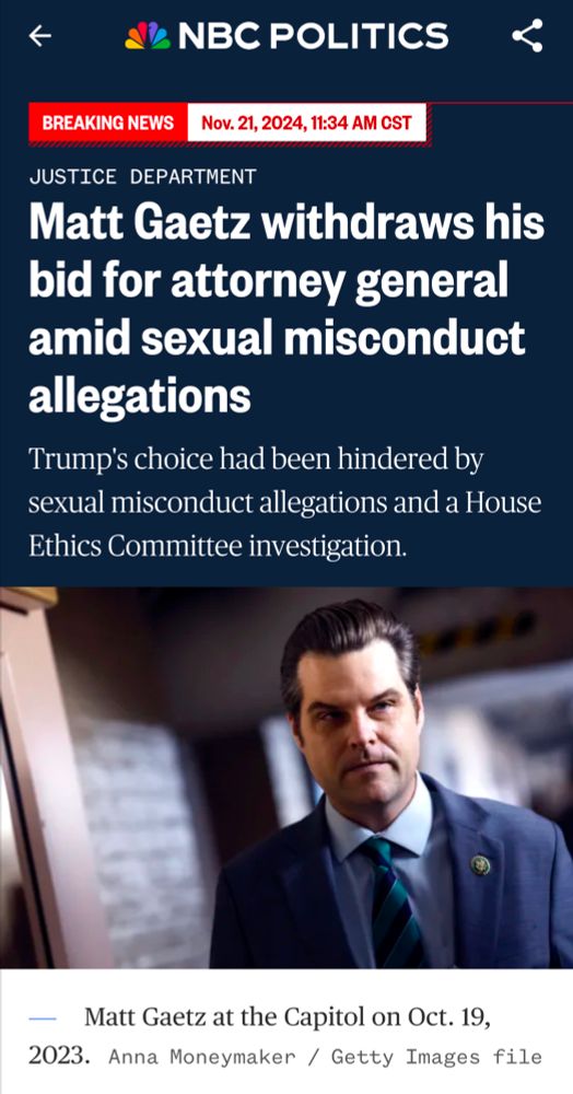 NBC Politics headline: Matt Gaeyz withdraws his bid for attorney general amid sexual misconduct allegations 