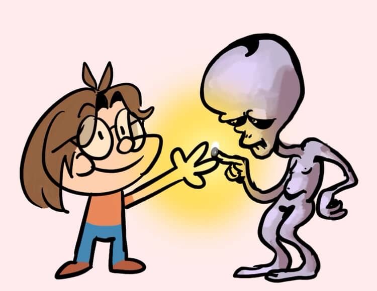 drawing of my friend touching a alien 