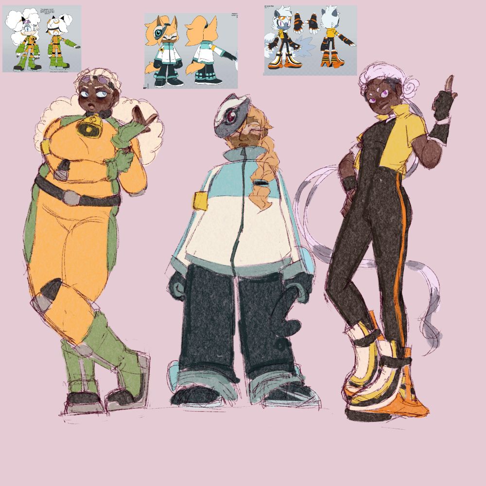 a colored sketch of gijinka versions of Lanolin, Whisper, and Tangle (in that order) from the IDW Sonic comics wearing their alternate riders outfits. The original references (designed by Min Ho Kim) are pasted above them.
