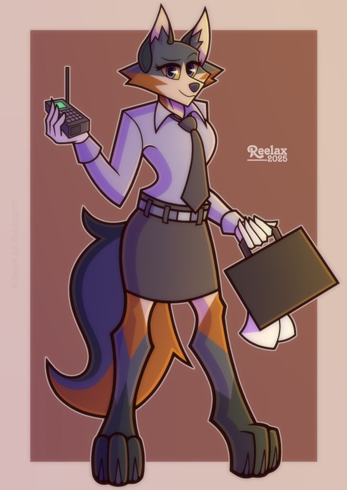 Fox in a white shirt, gray skirt, gray tie and white gloves with a briefcase and a phone in her hands on a brown background