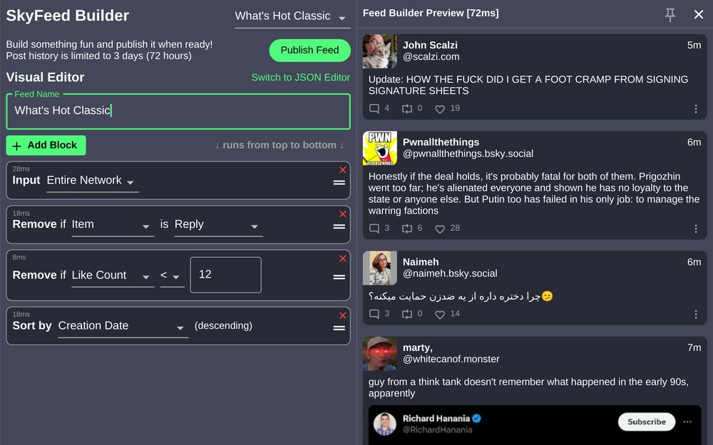 SkyFeed Builder UI, configured with a "What's Hot Classic" Feed, input entire network, remove replies, remove posts with less than 12 likes, sort by creation date