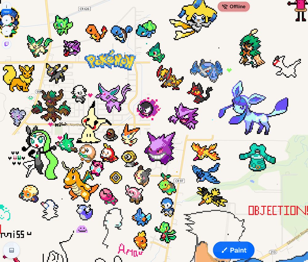 screenshot from "wplace.live". it's a map featuring a section of Salem, Oregon, with various colorful Pokemon sprites overlayed on top. there are dozens of different Pokemon featured, originating from various games across the history of the franchise.