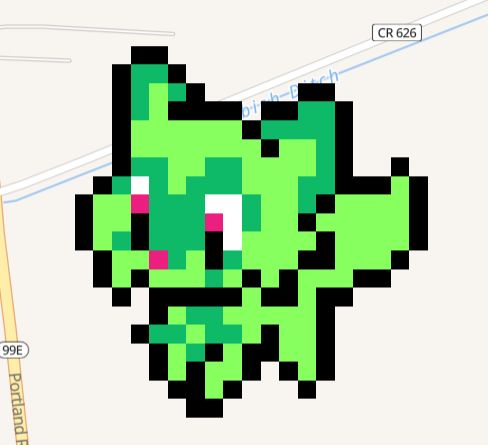 close-up screenshot of a pixel art rendering of Sprigatito, the grass cat Pokemon, overlayed on a map from "wplace.live"