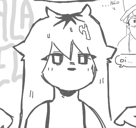 desenho de uma figura humanóide que não tem boca, Salatiel, em estilo meio cartunesco. ele usa um pequeno top preto, tem cabelo longo que passa os ombros, de cor clara, e dá pra ver uma raiz escura.