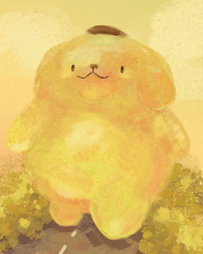 giant pompompurin walks down a road. he is rendered in a glass/jelly like painterly style
