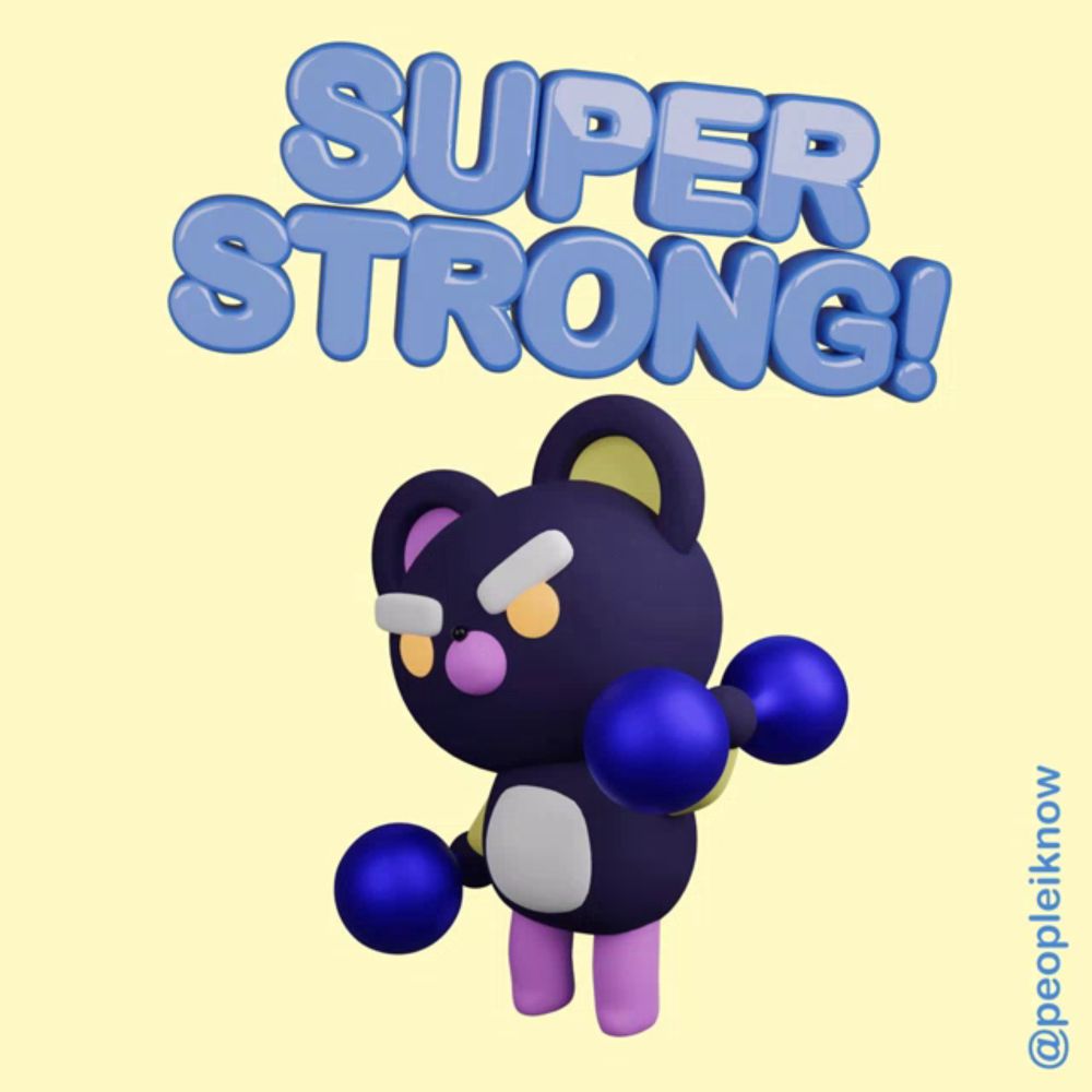 a teddy bear holding dumbbells with the words super strong behind it