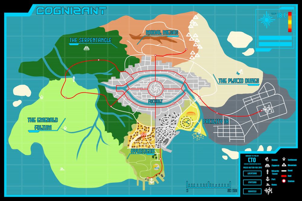 Focault is still run by the news reporter Frida Floreana But Ayurveda resulted in a FOUR WAY TIE. So we had to make some adjustments  To the west: The Shadehood Strip. Bright lights, flashy neon and gaudy structures shaped like the biggest monuments around the world. It's a Hypno centric Vegas style monument to sin, baby! Get a chance to gamble your soul away, or try out some of the greatest stage performers this side of Cognizant. Just be sure to watch out for the owner of the Fin Fortuna, the Naga Lord Ante Sontheimer. Rumor has it he's moody these days.   In the Center of it all, Toon Landing. Two Tone and his Palookas are getting all friendly like. Physics takes a backseat in favor of gettin' the chance to be as durable as a rubber tire and just as bouncy. Though Boss Kai Tyde did force the palookas to put up a 'motion sickness' warning. Lightweights.   To the east, Take a load off at Sunrise Bungalows. Cyndi Sunrise has found her inner peace beyond the flotsam and jetsam of her wellness empire. Enjoy the opportunity to truly feel Zen and absolve yourself of pesky toxins with our full time yoga staff. Sun, Sand, and all the kombucha and refreshing probiotic tinctures you can drink.     And at the South, enjoy your entrance into Cognizant via the Great Zen at Induction Port. Where the fabled "Speak your Mind" Reception Tunnel can help you transform into your idealized self for the duration of your stay. Hotels, Beaches, and plenty of tourist attractions are here for a no frills uncomplicated relaxing time. Be sure to schedule a tour with Captain Esme Da Silva as she offers you a wonderful chance to see all that Cognizant Isle has to offer!   And Remember: Remain Cognizant!