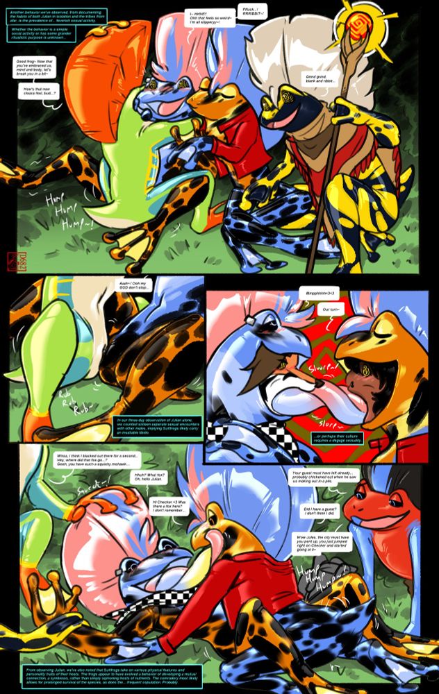 The Suitfrogs make out and caress their mohawks as they add checker to their tribe. suddenly checker wakes up, completely convinced he's always been a suitfrog host.