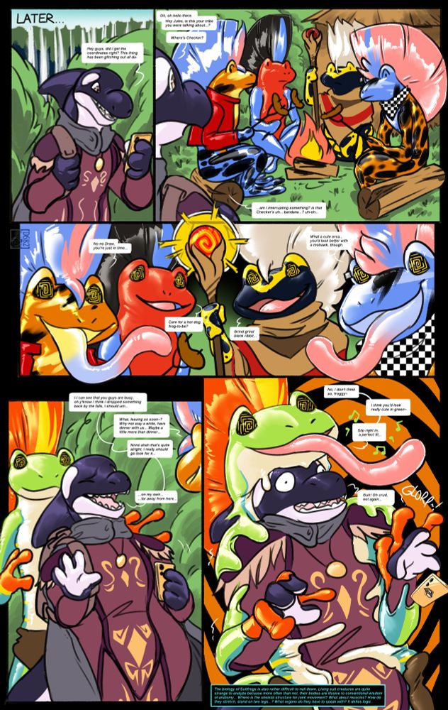 Drew the orca arrives to the village only to find the frogs surrounding a fire making hot dogs. the process begins again, and as drew tries to escape, he falls into yet another suitfrog and the process starts all over again. 