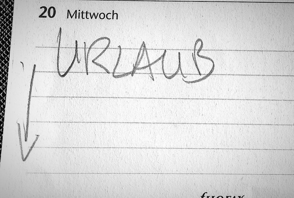 Close-up: „URLAUB“ in meinem Filofax. Beginn Sam 20. August.