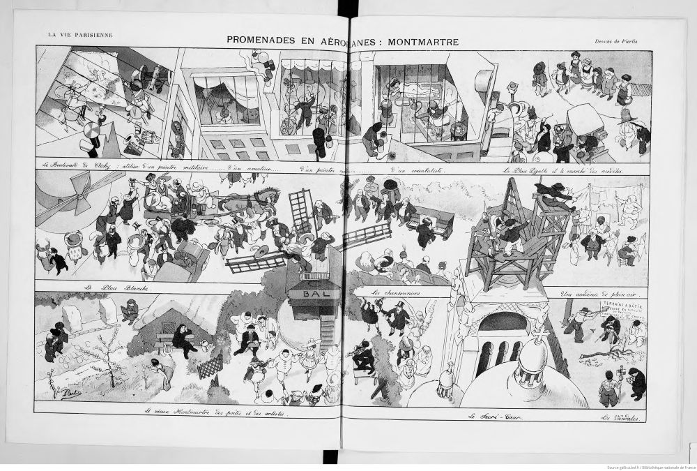 Centerfold drawing (in black and white) by the artist Markous. Published in La Vie Parisienne in 1012. The title is: Promenades en aéroplanes: Monmartre. It shows three rows of panels. Each row has but one extensive rectangular panel, showing different actions and buildings in the Montmartre area in Paris, viewed from above.