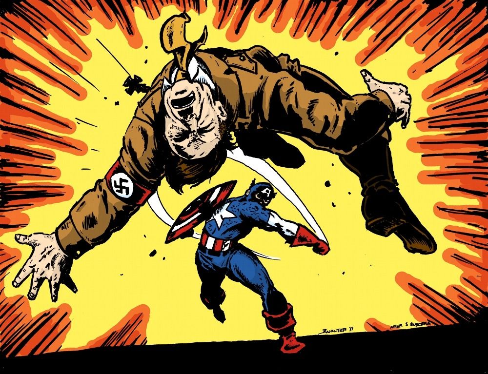 Captain America punches Hitler. 