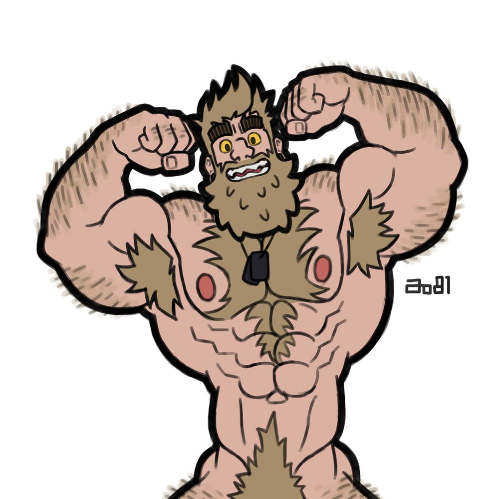 Kent, from the waist up. Shirtless, pantless. Covered in fur. Adorable smile. Hitting that double bicep flex. 