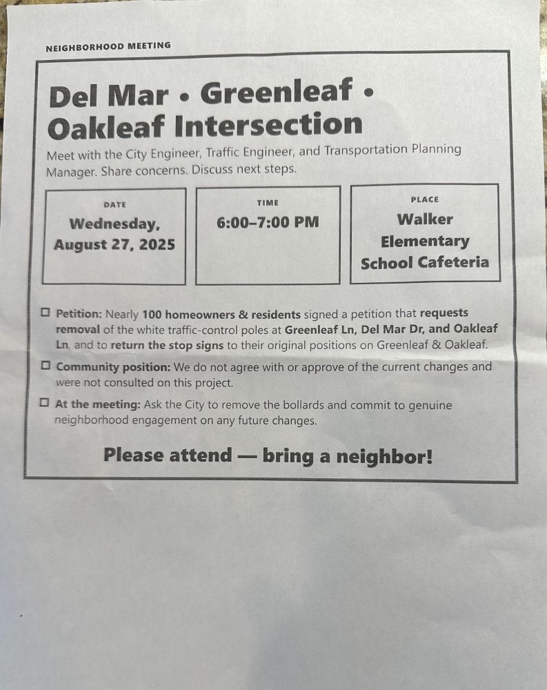 Flyer announcing an 8/27/25 meeting at Walker School to discuss traffic issues in the Greenleaf Terrace neighborhood with a city engineer.