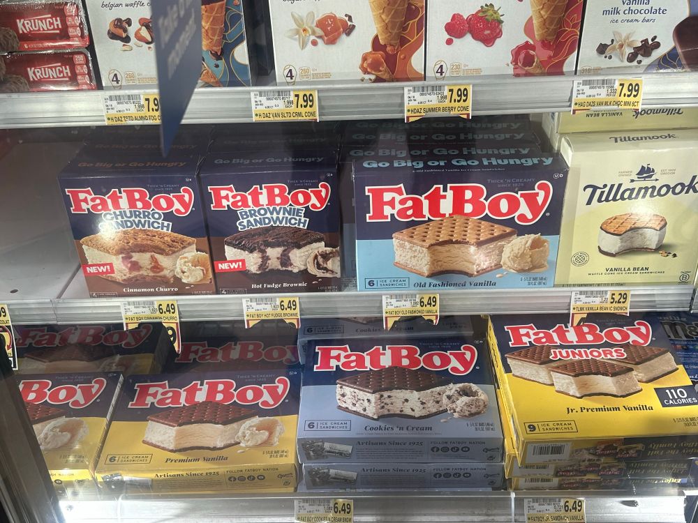 Various ice cream treats in illustrated boxes printed with the brand name Fat Boy