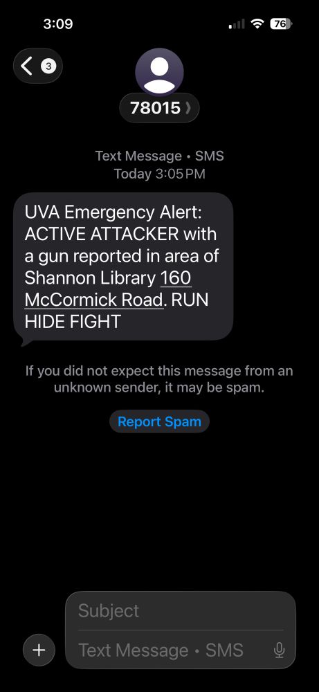 UVA sent an emergency text about a person near Shannon Library with a gun
