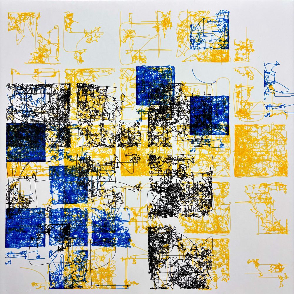 grid-based abstract artwork composed of overlapping yellow, black, and deep blue line scribbles. Each square contains a chaotic yet bounded drawing, some densely packed, others sparsely filled. The marks resemble random movements or signals, creating a layered, glitch-like texture across the entire white background.