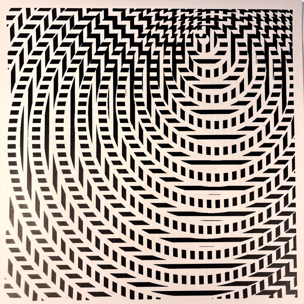 A black-and-white generative artwork composed of concentric arcs made from repeated rectangular dashes, radiating from the top right corner. The marks form a warped grid that creates a strong sense of optical vibration and spatial distortion.