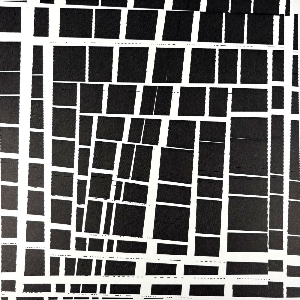 A black-and-white abstract artwork composed of numerous black rectangular blocks arranged in uneven grid-like columns. The rectangles vary in size and alignment, and the entire structure appears slightly tilted or warped.