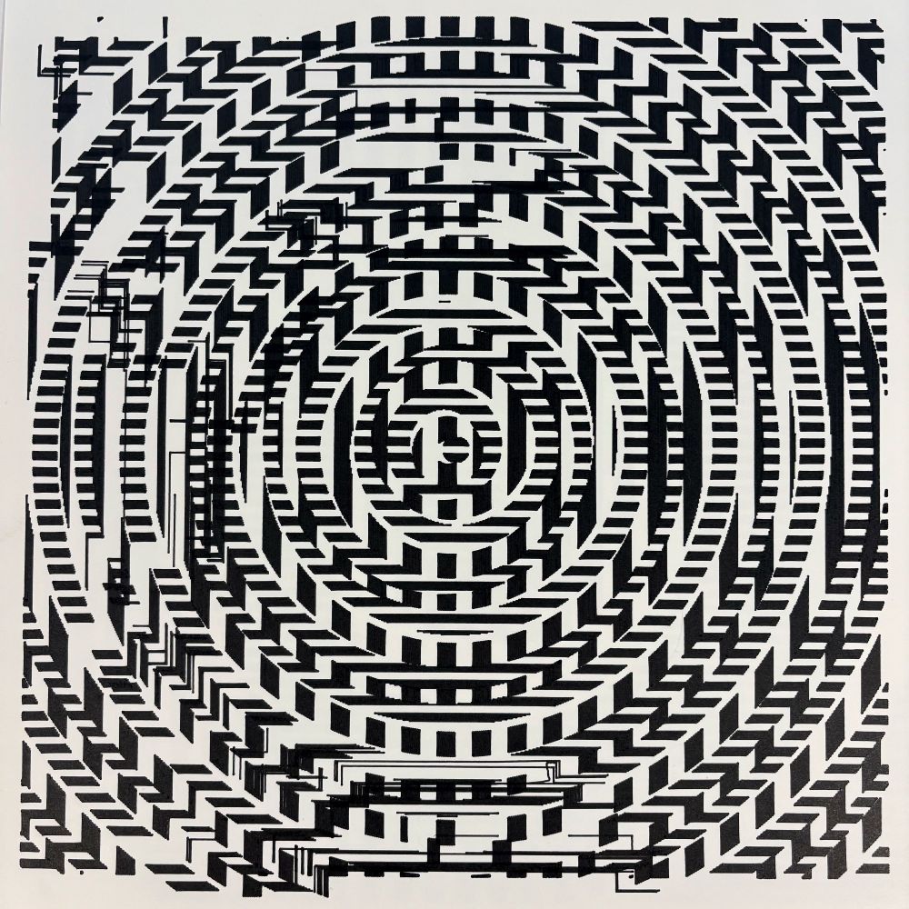 Black-and-white concentric geometric pattern made of repeated stepped shapes radiating outward from the center. Select areas are fractured with glitch-like linework, disrupting the regular rhythm.