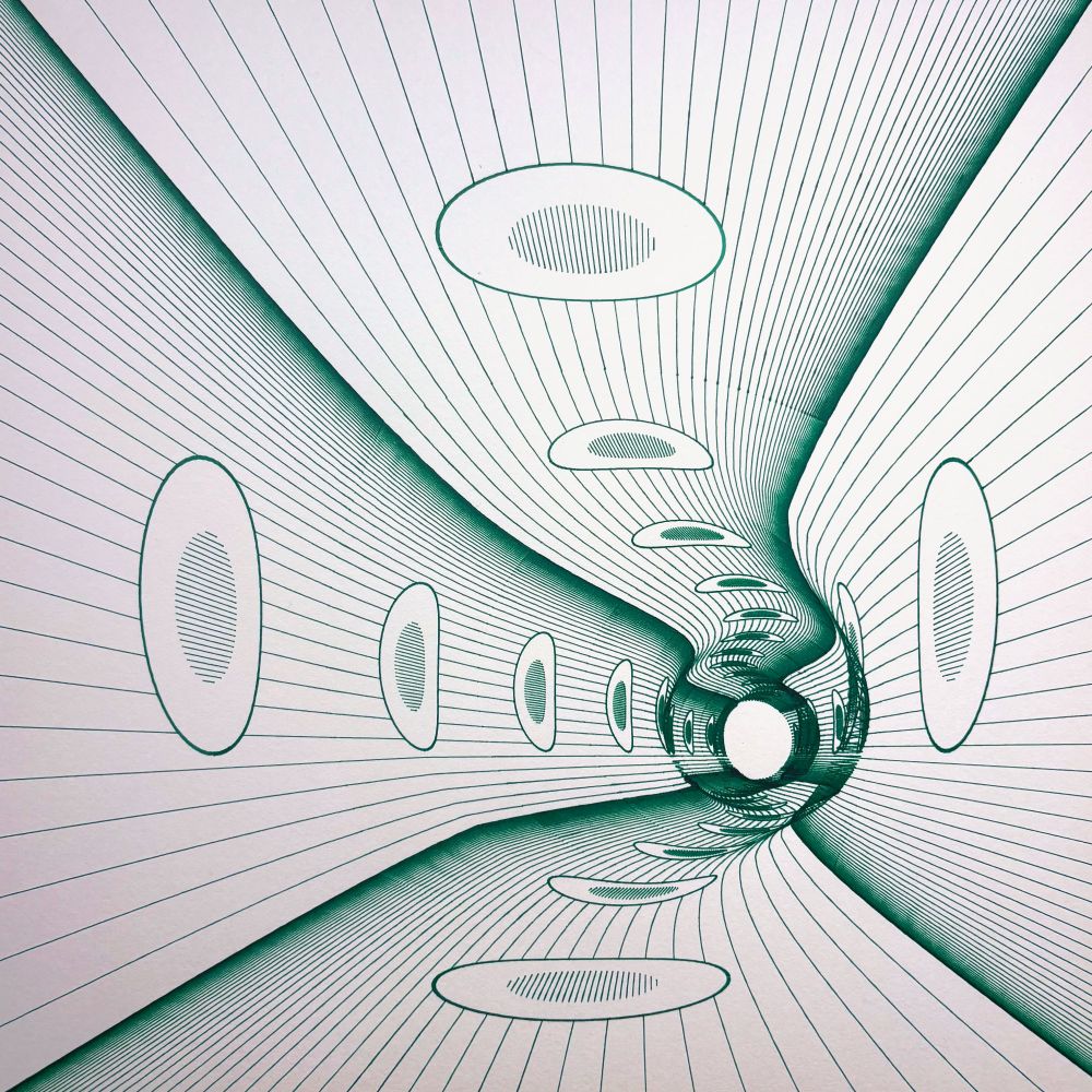 Plotter-based drawing of a warped tunnel composed of radial green lines converging toward a circular vanishing point. Oval-shaped openings line the floor, ceiling, and walls, each filled with vertical hatching. The composition suggests motion, fluid distortion, and resonance, evoking the feeling of passing through a hyperspace conduit or an energetic transmission channel.