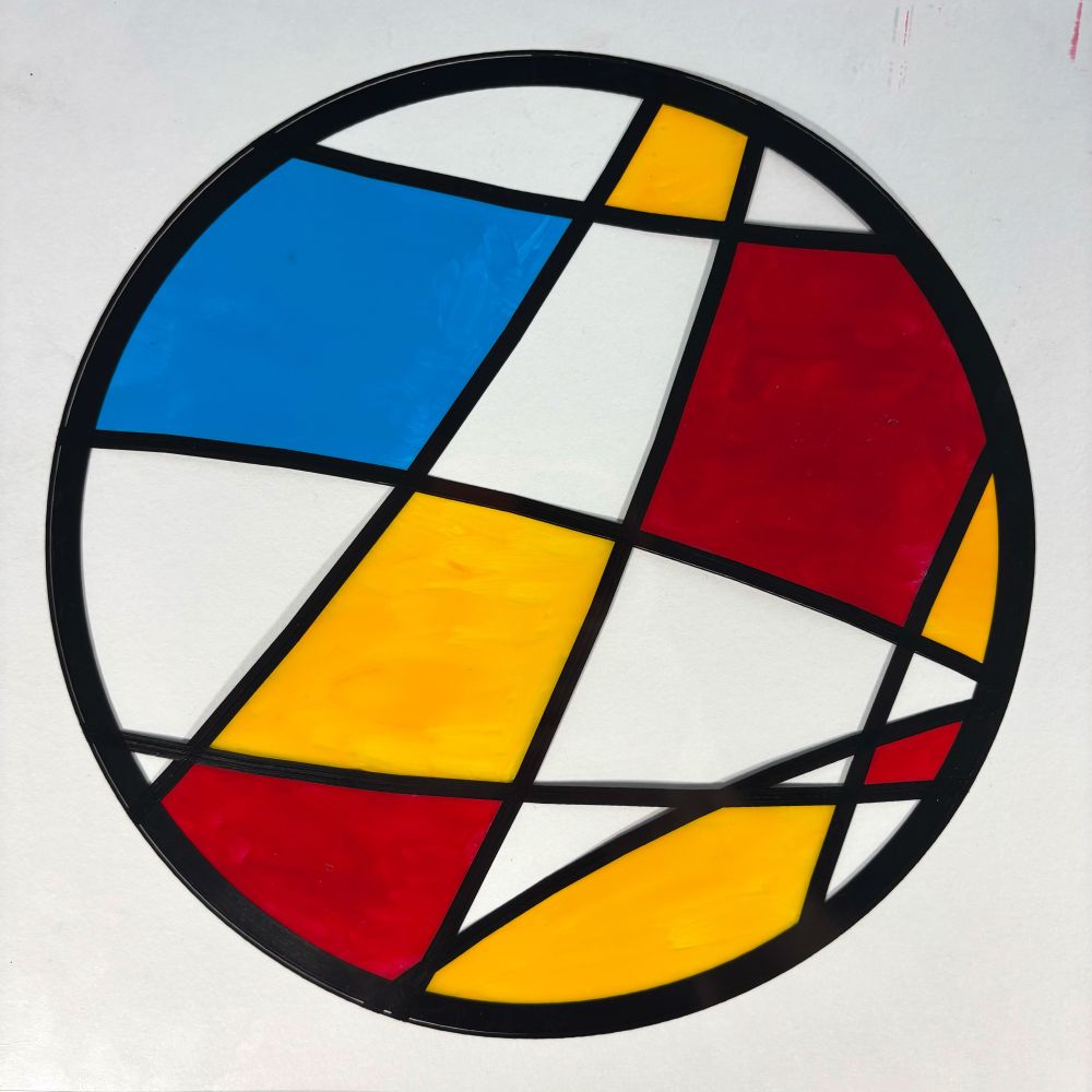 Bold abstract composition featuring sweeping black curves over fields of red, yellow, and blue.