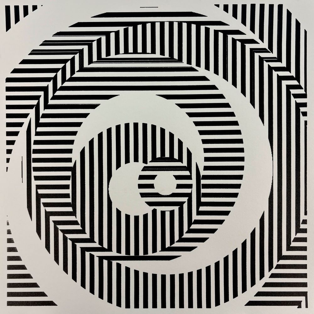 A black-and-white spiral made of vertical bars that vary in length to create the illusion of curvature and motion. The piece uses optical disruption and geometric rhythm to evoke both depth and disorientation.