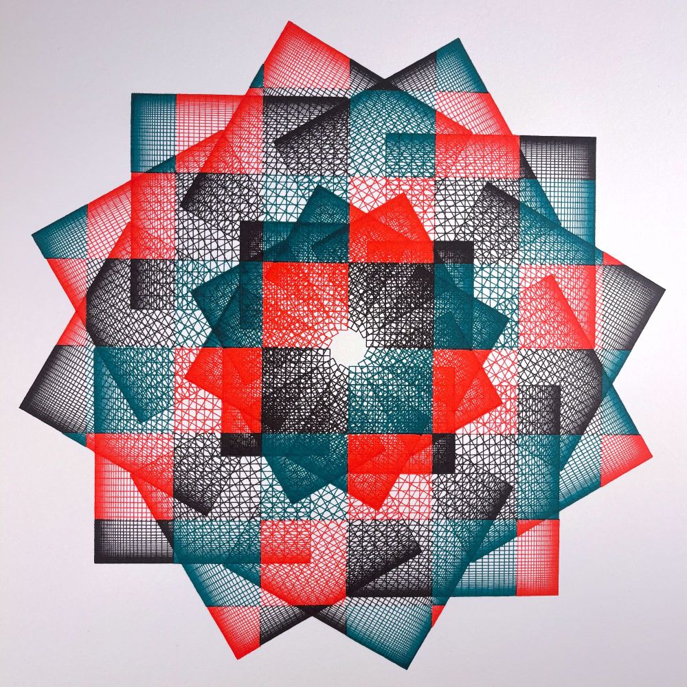 A geometric generative artwork featuring a symmetrical, 12-point starburst pattern composed of layered, rotated squares filled with fine linework. The composition uses red, cyan, and black inks, with overlapping transparencies creating rich secondary tones. The central white circle serves as a visual anchor, surrounded by intricate grid and web textures. The result is a hypnotic, kaleidoscopic image that evokes both sacred geometry and digital aesthetics.