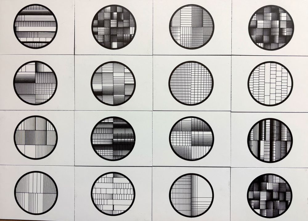 Sixteen black-and-white circular compositions arranged in a 4×4 grid, each with unique geometric line patterns resembling architectural studies or data visualizations. These pieces are printed as artist trading cards.