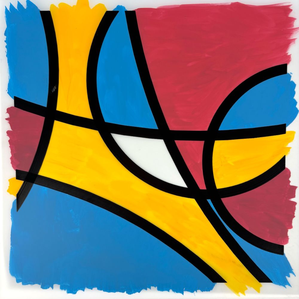 Bold abstract composition featuring sweeping black curves over fields of red, yellow, and blue. Ink and hand-painted acrylic on dura-lar with expressive, uneven edges.