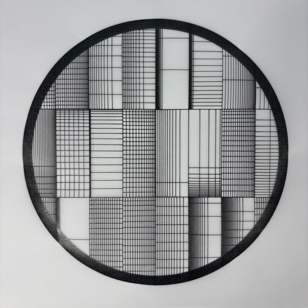 Ink on vellum artwork featuring a dense grid of varied rectangles and line weights enclosed within a bold black circle.